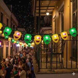 Vtg Mardi Gras Carnival Blow Mold String Party Lights Drama Mask Tiki Patio